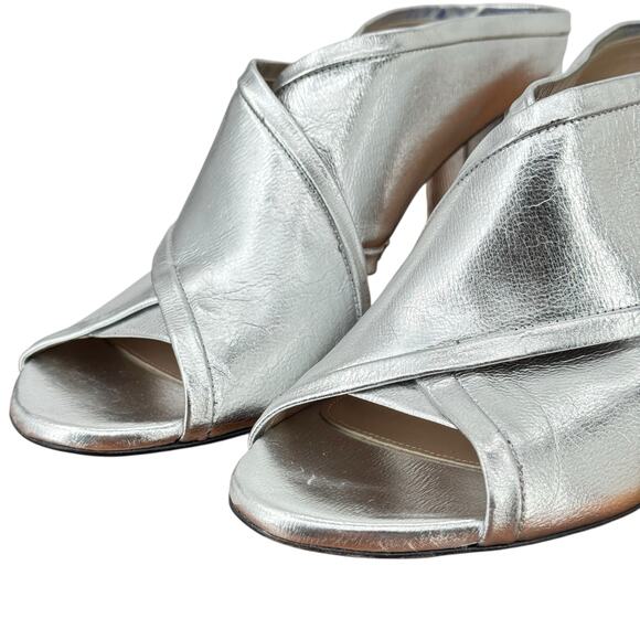 Stuart Weitzman Heeled Metallic Silver Mules Leather Women SZ 9.5 Formal Party - Picture 6 of 13
